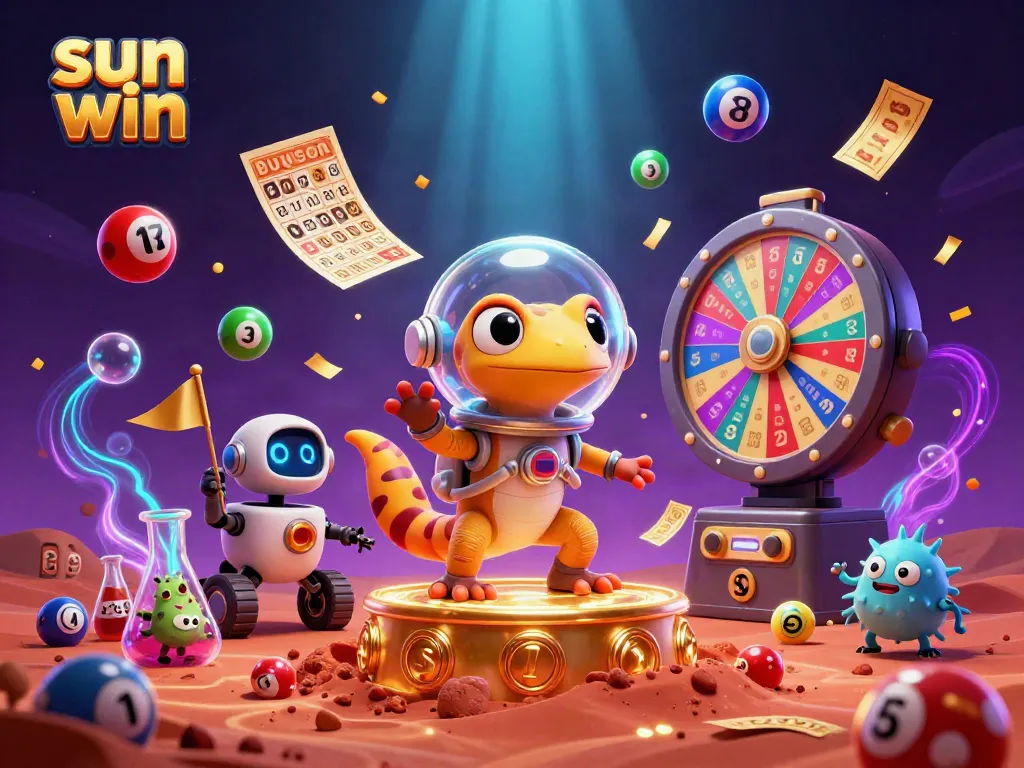 Win big with sun win in a vibrant 3D casino scene filled with dynamic game elements and characters.