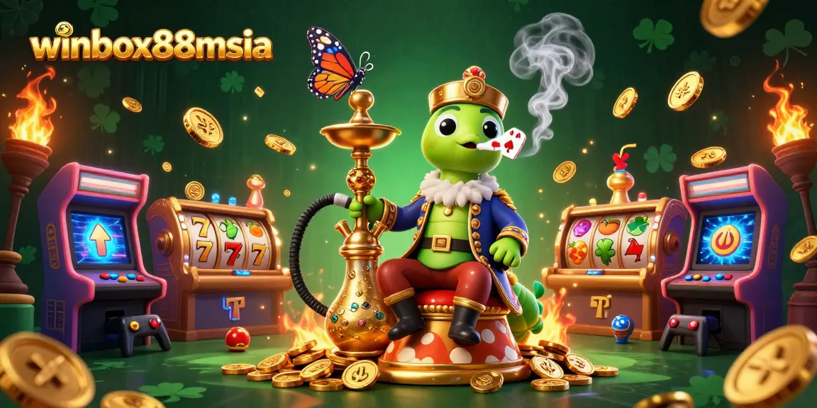 Winbox88msia promotes a vibrant casino scene with unique character designs and slot game elements.