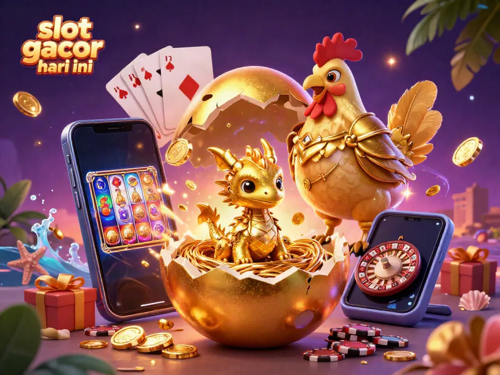 Slot gacor hari ini, ilustrasi 3D menampilkan naga emas dari telur yang pecah di tengah token poker.