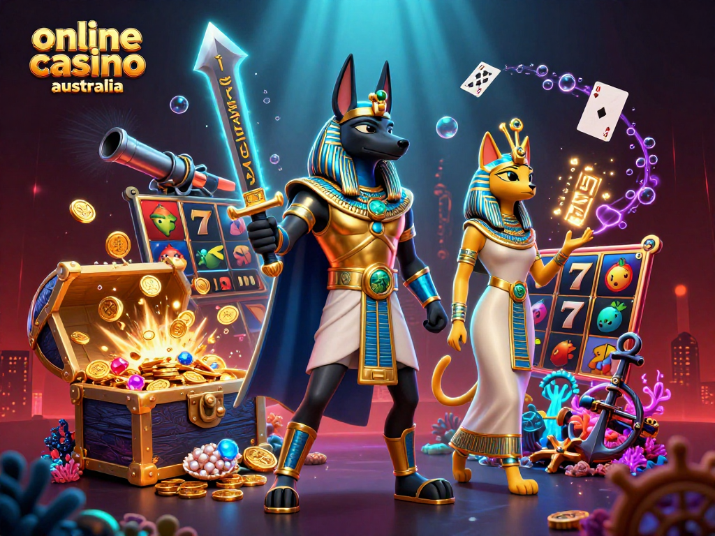Experience thrilling gameplay at online casino Australia with vibrant slot reels and an Egyptian warrior illustration.
