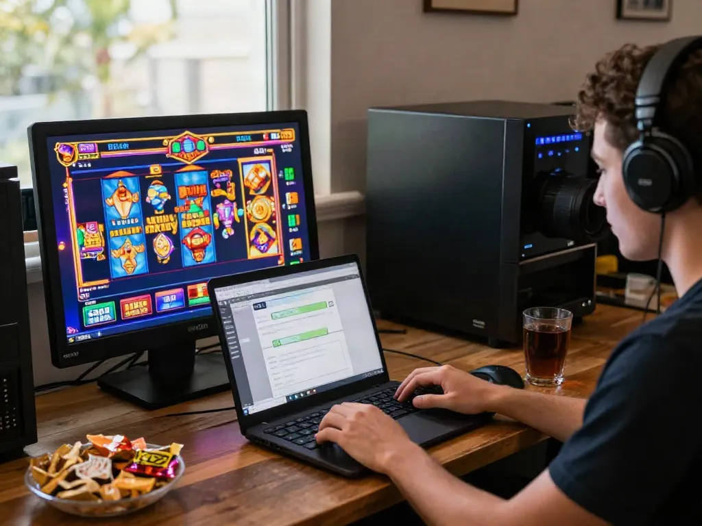 Player enjoying slot games on laptop with vibrant graphics in a cozy gaming room