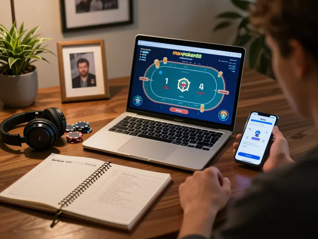 Player enjoying maxpoker88 online poker setup with laptop and strategic notes in cozy home office