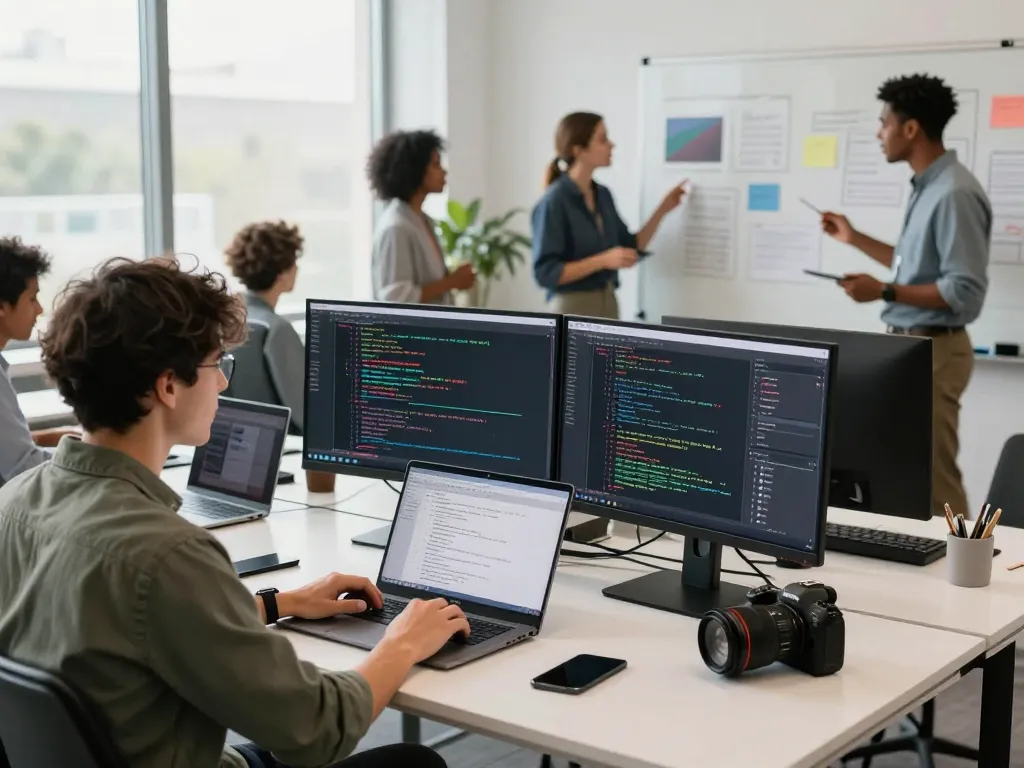 Engineering team collaborating on juicy ai project in modern office.