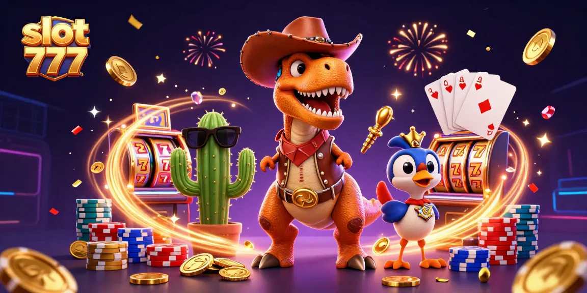 Spin and win at slot 777 with a cartoon T-Rex and friends in a festive atmosphere.