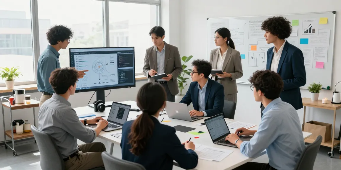 Team collaboration in a modern office discussing bizop strategies and insights.
