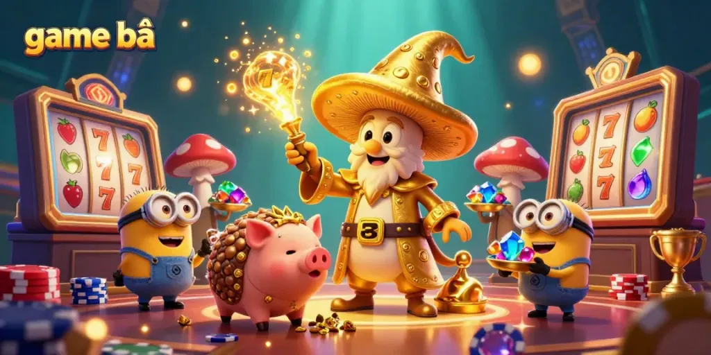 Experience thrilling game bài magic with golden characters and vibrant casino elements in a 3D scene.