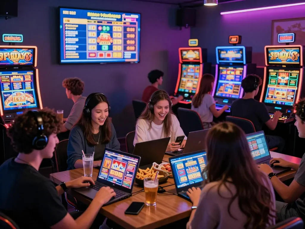 Players enjoying zeus138 online slots in a vibrant gaming lounge with neon lights.
