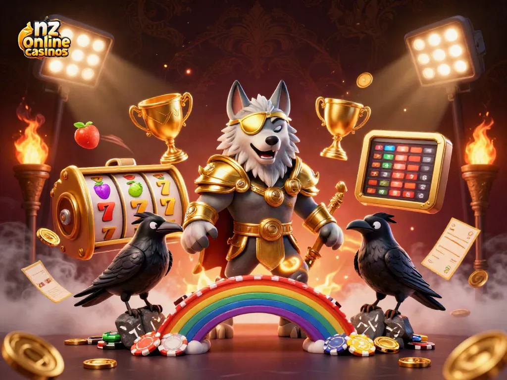 Engage with nz online casinos: a vibrant 3D illustration featuring Odin and ravens with slot reels and casino elements.