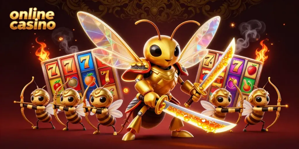 Engage in the thrilling world of online casino gaming with a stunning illustration of dynamic characters and vibrant slot elements.