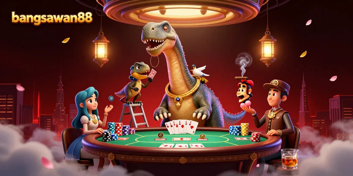 Bangsawan88 brings vibrant energy to a lively casino with a charming brontosaurus and raptor dealing cards.