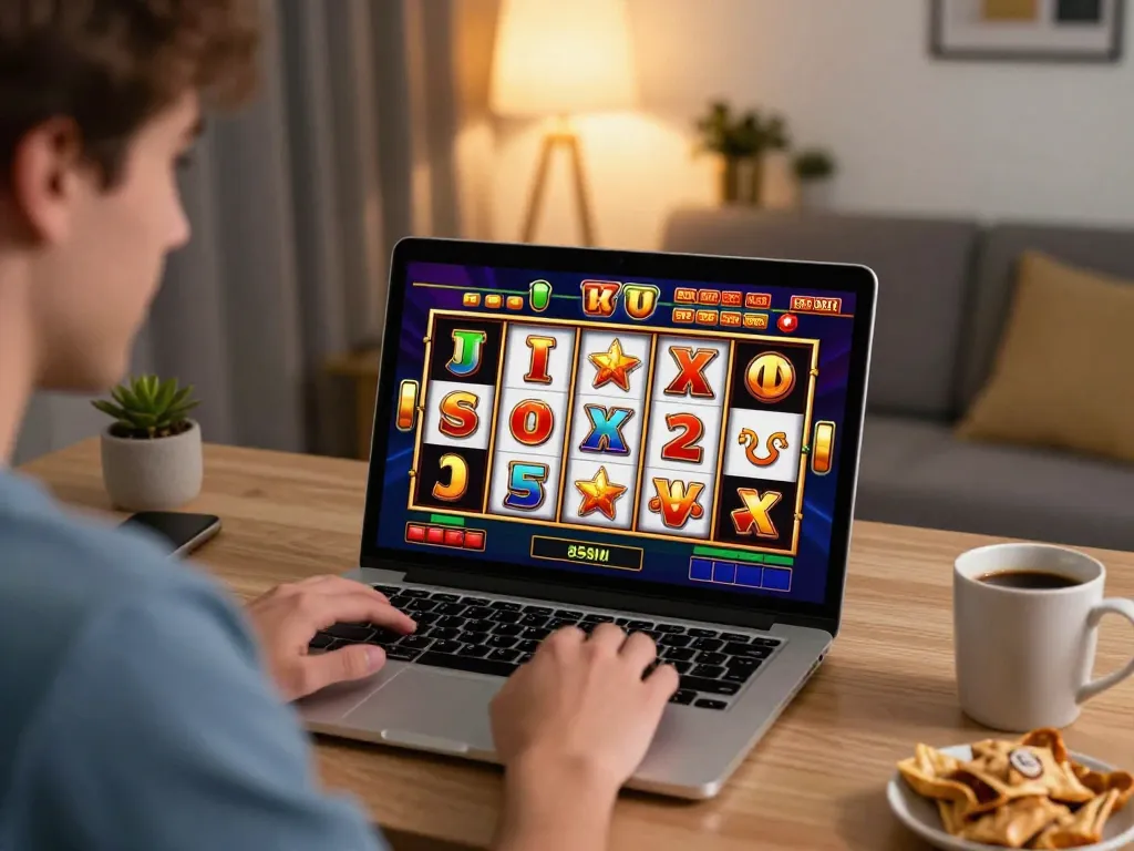 Player enjoying an online casino slot game on their laptop, highlighting link slot gacor excitement and interactive gameplay.