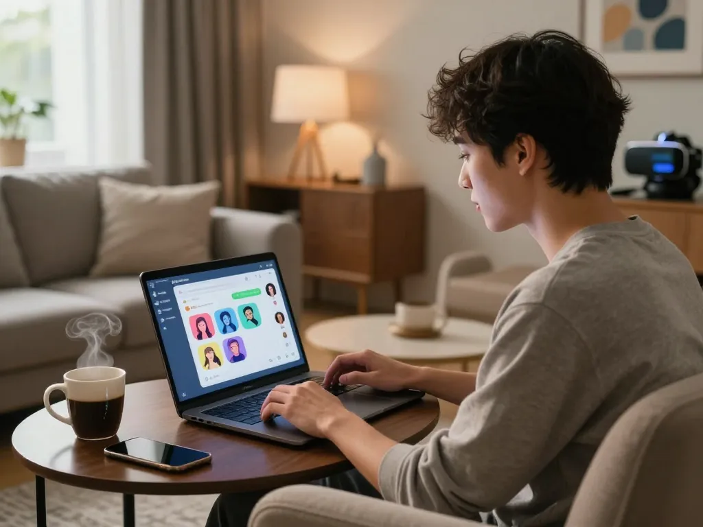 AI sex chat scene with user engaging in conversation with a virtual NSFW AI companion in a cozy modern living room.