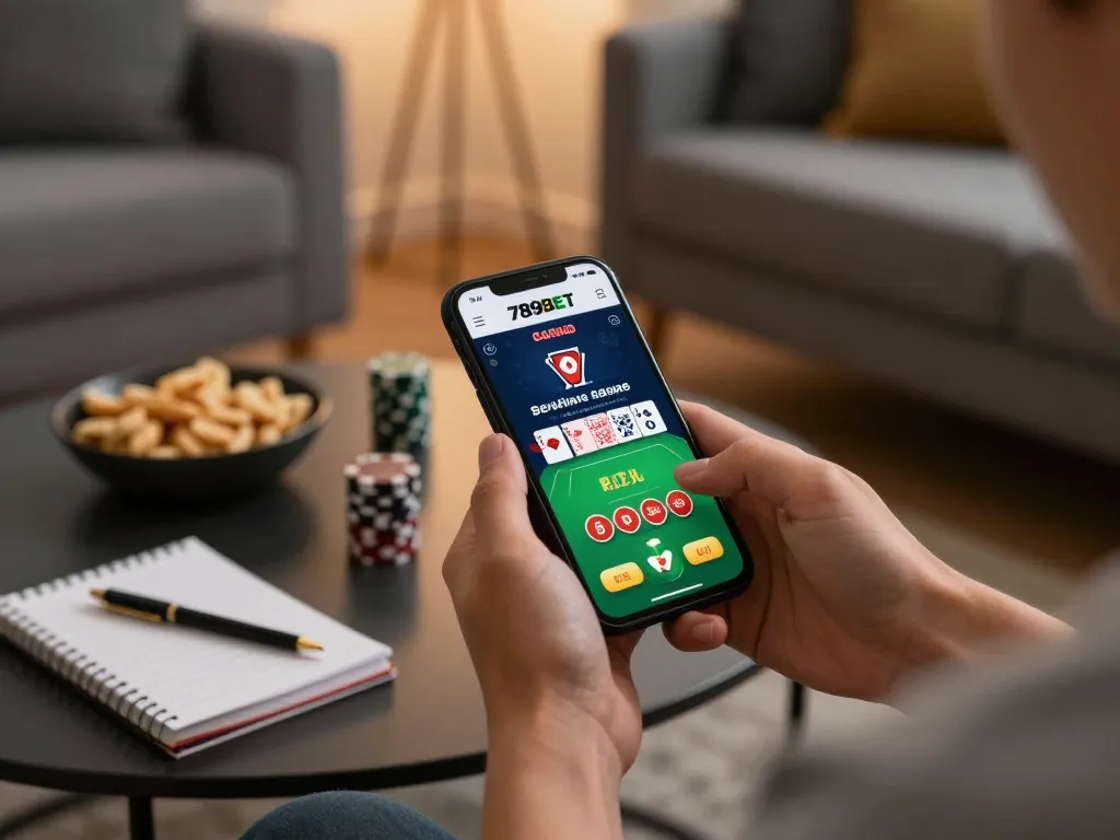 Engaging in online poker at 789BET mobile app on a smartphone in a cozy home setting.