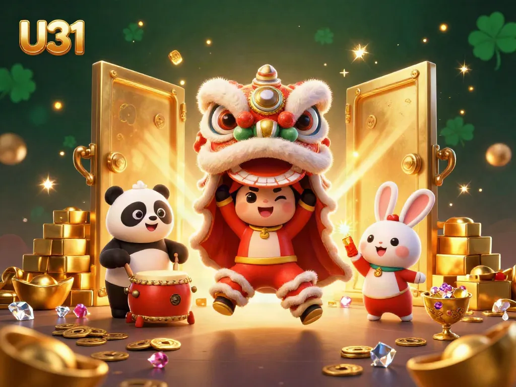 Join the U31 celebration with a fun lion dance as characters win big in online casino gaming.