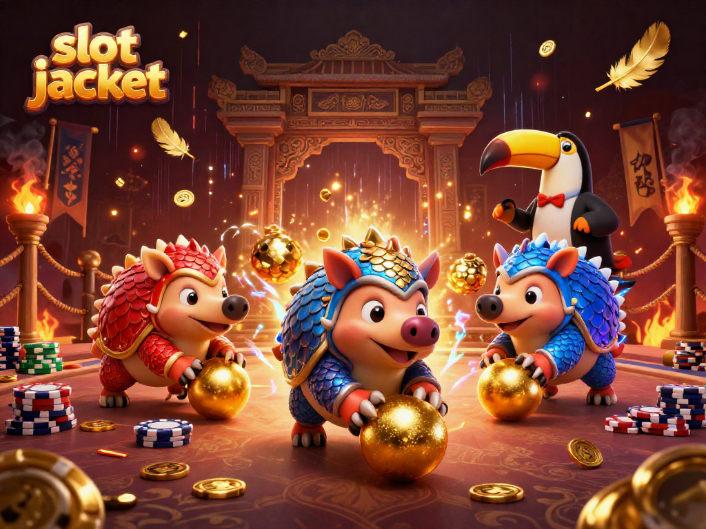 Rival pangolins compete in a vibrant slot jackpot game arena with golden coins and betting tokens.