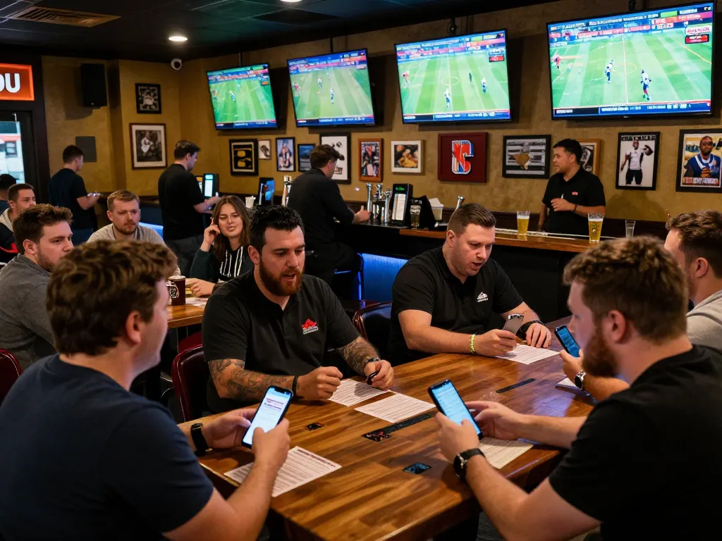 Soi Kèo sports betting scene with active patrons cheering and placing bets in a lively sports bar atmosphere