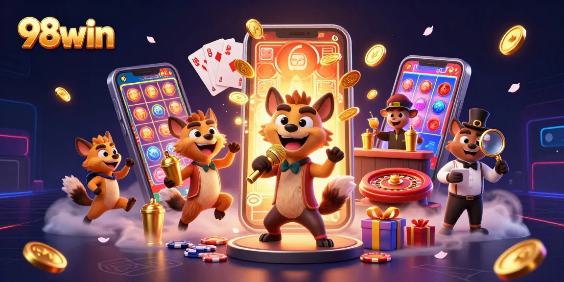 Experience exciting gaming action at 98win, featuring a lively casino scene with humor and vibrant elements.