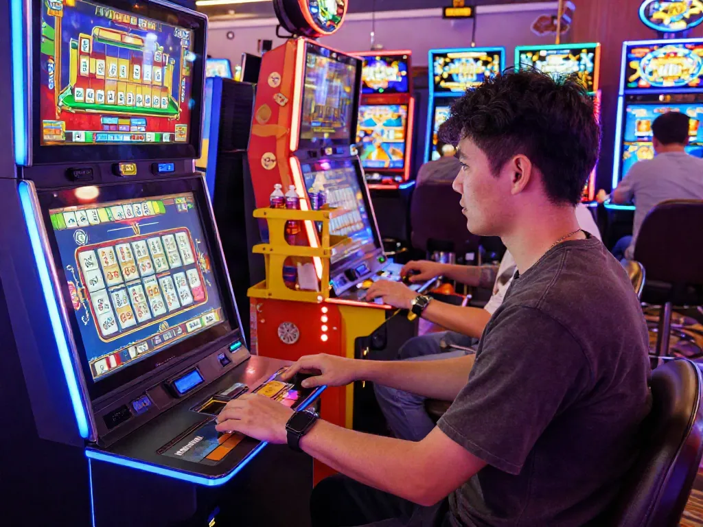 Pemain menikmati pengalaman mesin slot Mahjong dengan grafik cerah di kasino yang meriah.