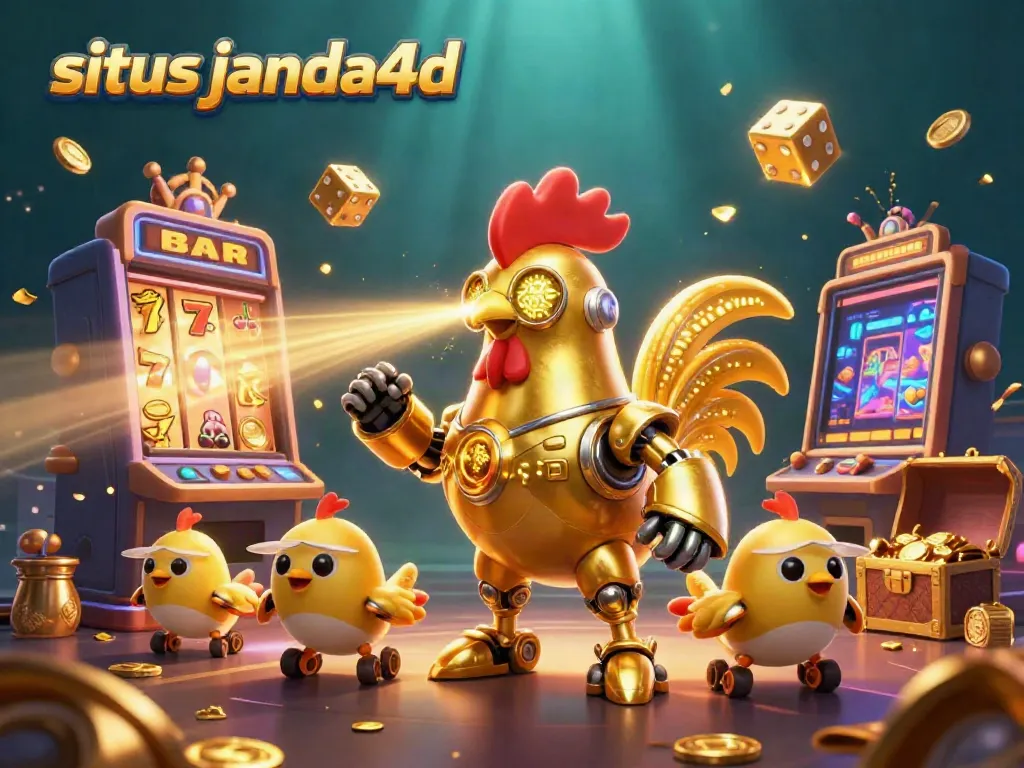 Permainan slot khas situs janda4d dengan robot ayam emas dan drone, menawarkan pengalaman kasino yang menarik.