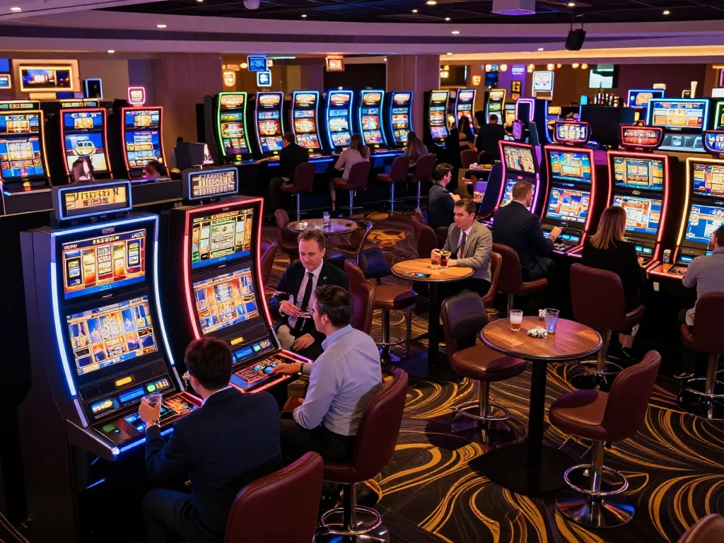 Excited players enjoying various slot machines at a legge casino, vibrant neon lights illuminating the gaming floor.