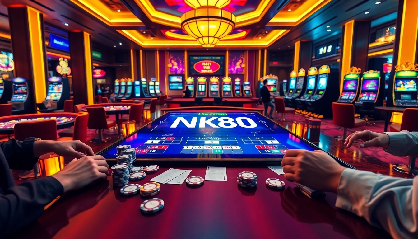 Engaging NK88 game interface showcasing strategic betting with vibrant poker chips and digital casino elements
