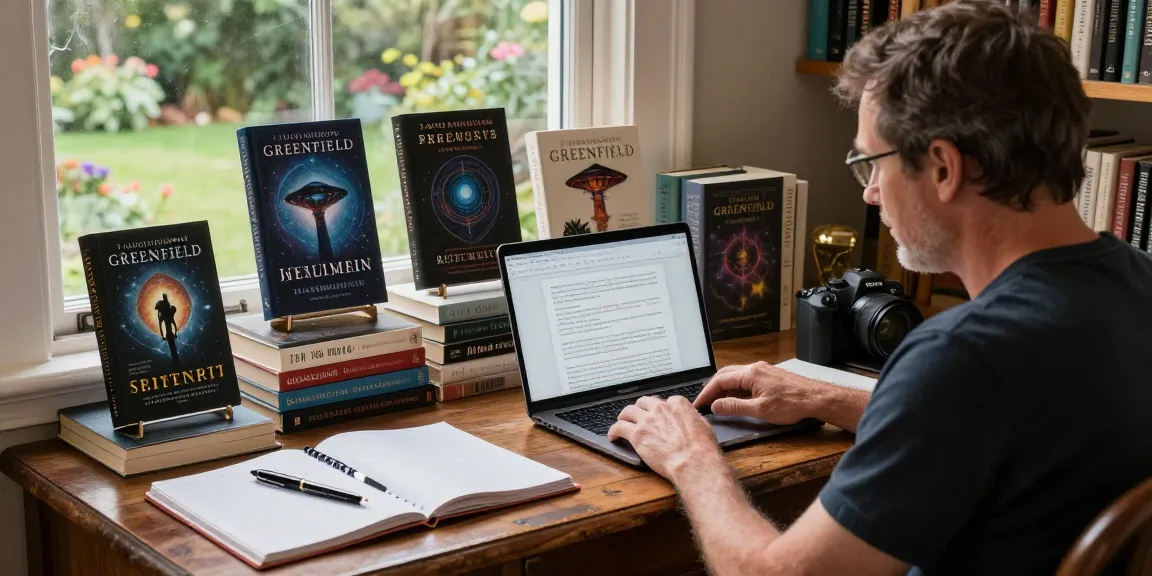 T Allen Greenfield's writing environment featuring books on spirituality and UFOs at https://tallengreenfield.com