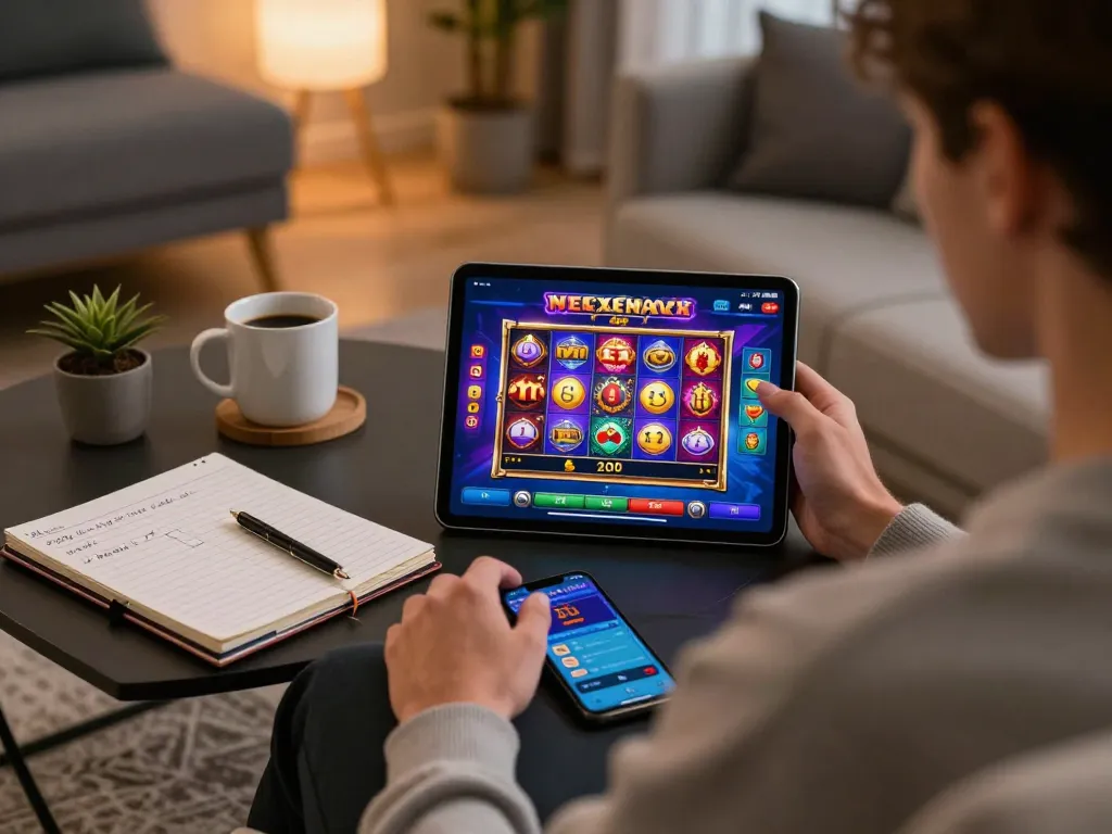 Adegan judi online Leci123 dengan pemain yang terlibat di tablet, menampilkan antarmuka permainan slot yang menarik dan catatan strategis.