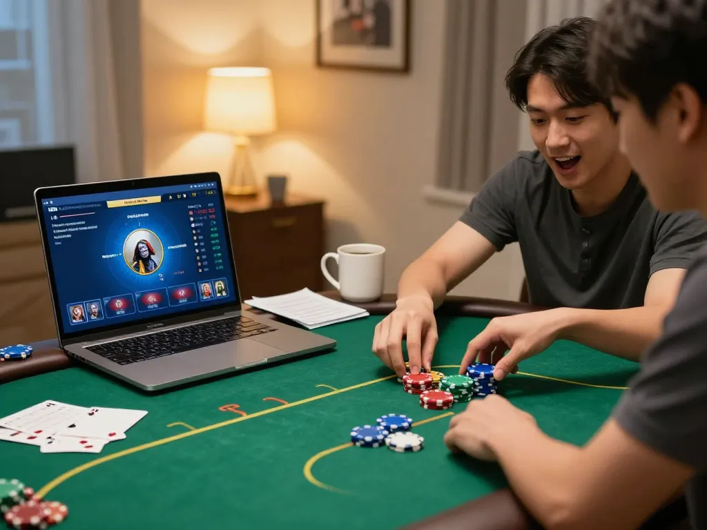 Engaged player using sunwin's online poker platform at home for strategic gameplay