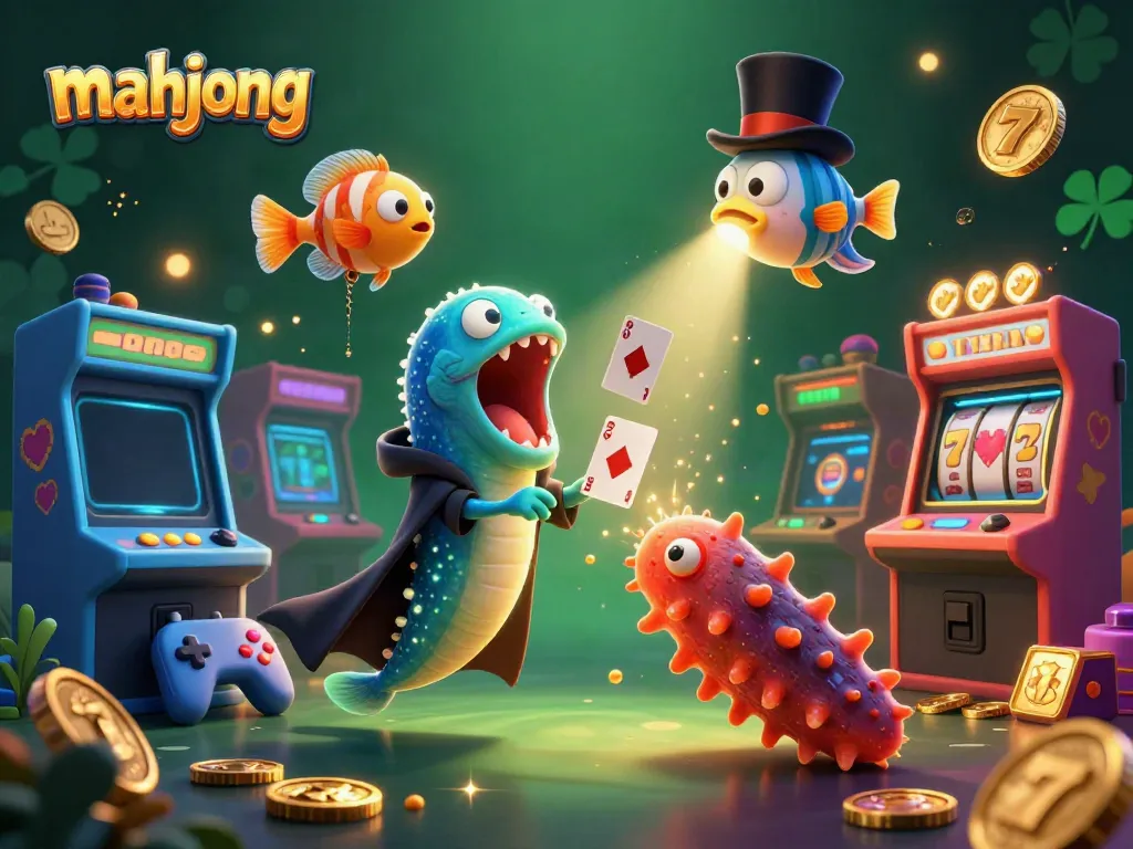 Permainan mahjong dengan gulper eel yang mengenakan jubah pesulap dan ikan penari dalam suasana kasino dengan efek cahaya berkilau.
