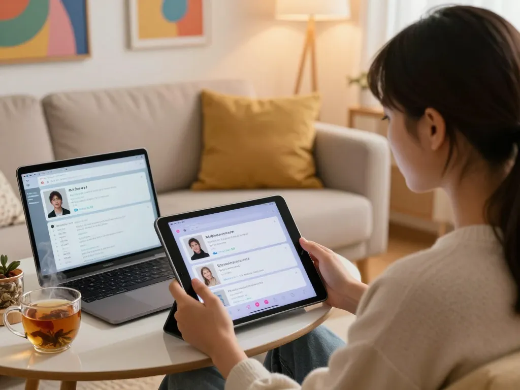 Engaging in ai sex chat on a modern tablet in a cozy living room setting.
