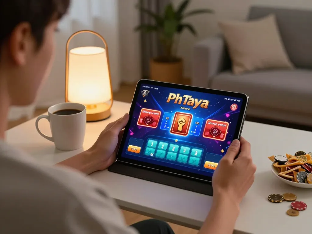 Phtaya player enjoying online poker on a tablet with cozy home atmosphere