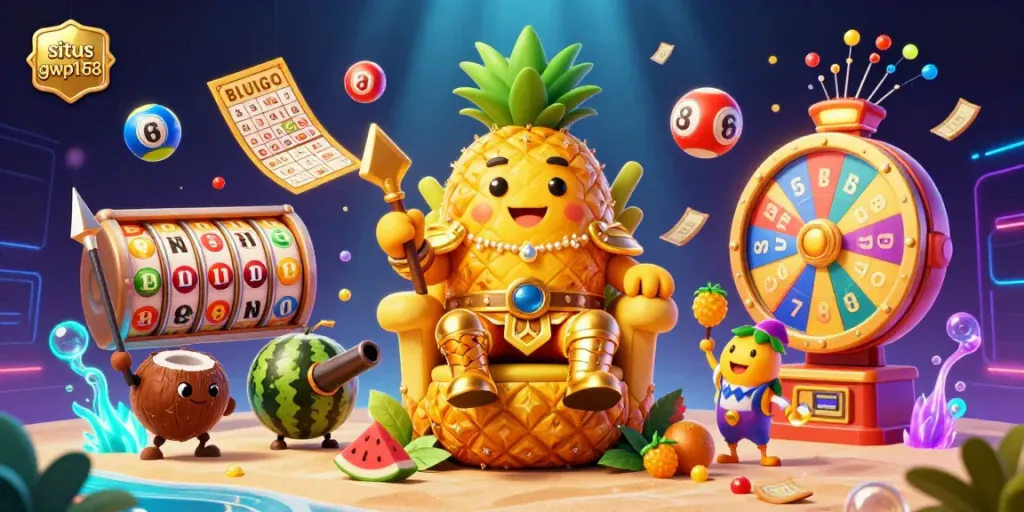 Menangkan slot gacor di situs gwp168 yang menampilkan raja buah dengan karakter menarik dan elemen kasino.