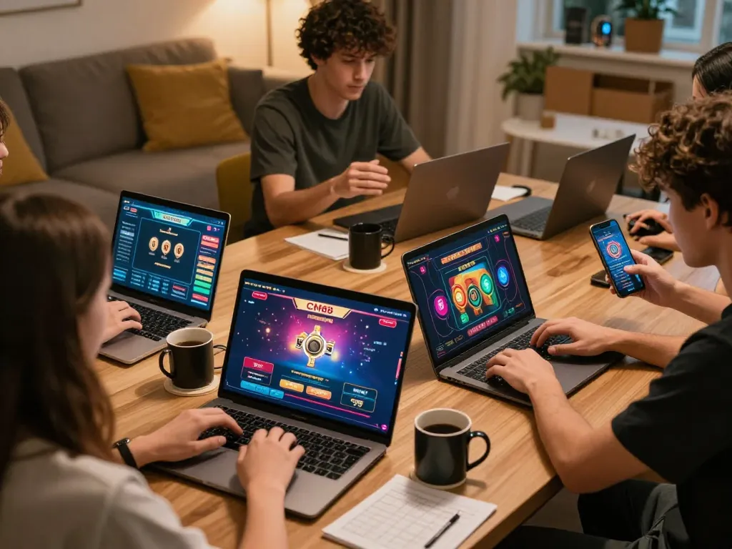Players enjoying online games at CM88 in a cozy home setting, celebrating wins and engaging with strategy.
