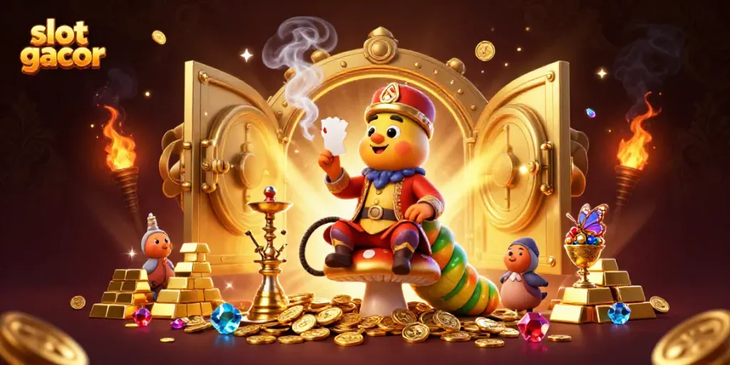 Engage with slot gacor action featuring vibrant casino elements, a caterpillar master, and treasures