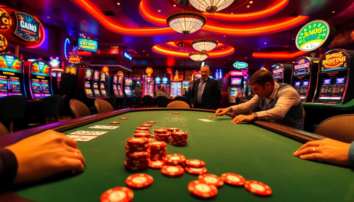 bbni4d menawarkan permainan kasino dengan suasana ceria dan pemain terlibat di meja poker.