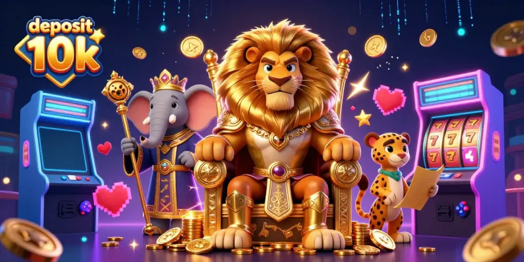 Menangkan jackpot dengan deposit 10k di mesin slot, ditampilkan dalam ilustrasi 3D yang detail.