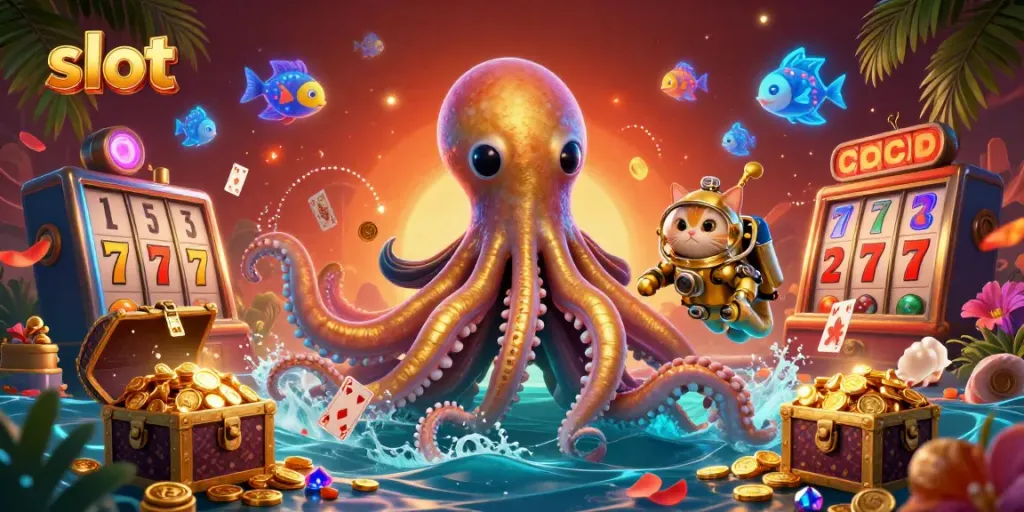 Engaging slot-themed 3D illustration featuring a kraken and diving cat in an underwater casino.