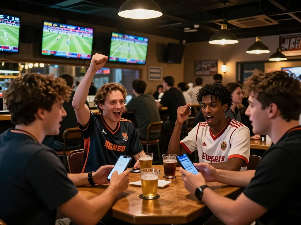 Patrons enjoying live sports betting at Botanicabali, placing bets on mobile apps with excitement.