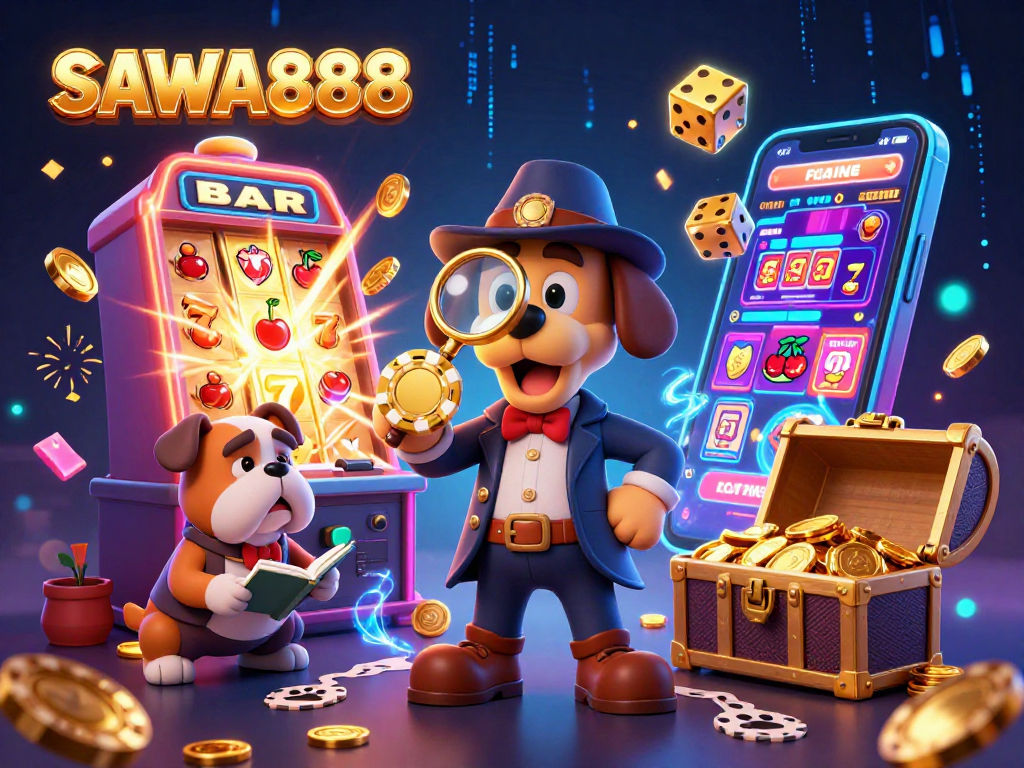 SAWA888 slot gaming action with a detective and bulldog uncovering treasure clues in a vibrant casino setting.