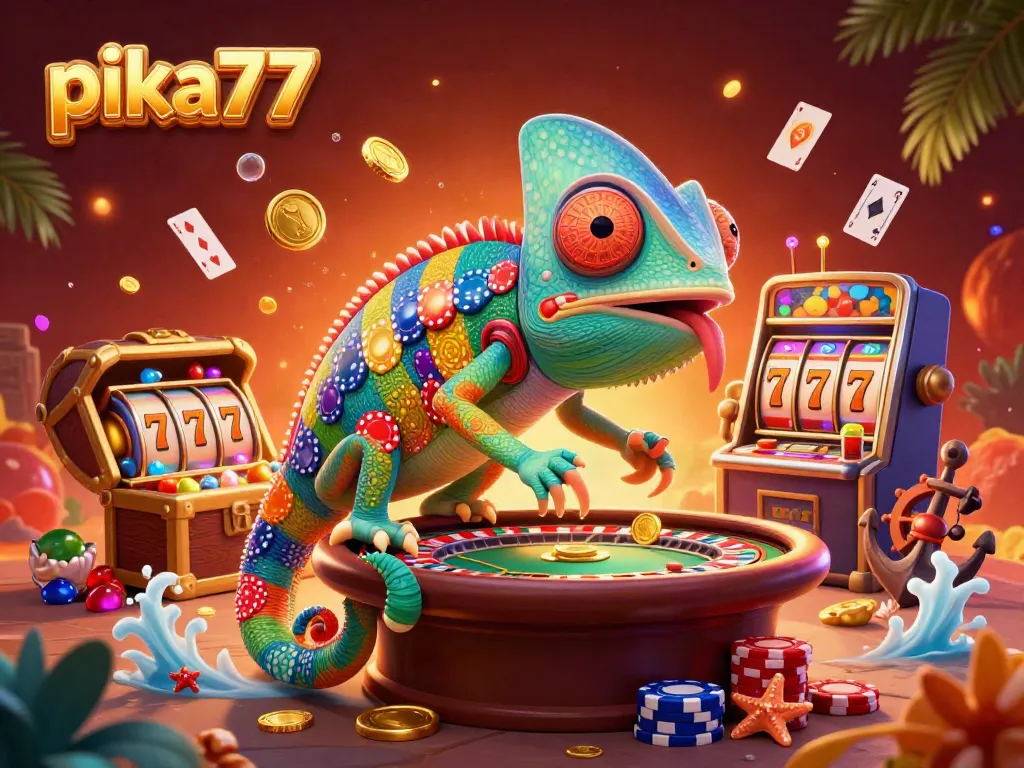 Play exciting games at pika77 with captivating chameleon casino owner, showcasing slot machines and treasures.