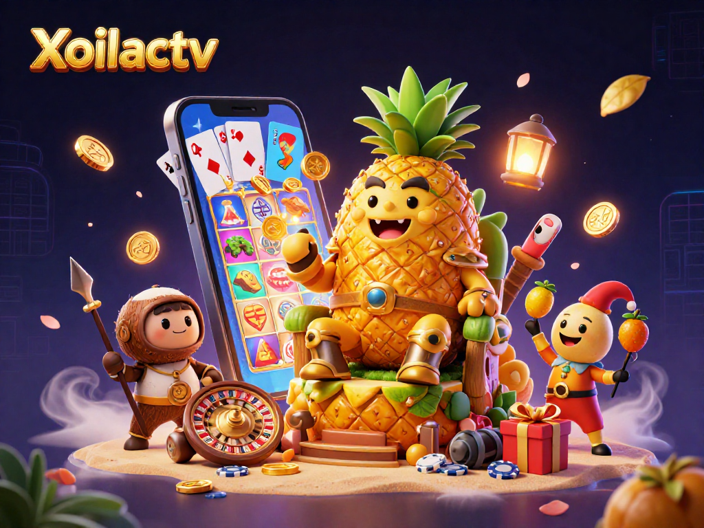 Xoilactv showcases a vibrant beach casino scene with a pineapple king, coconut guards, and gaming action.