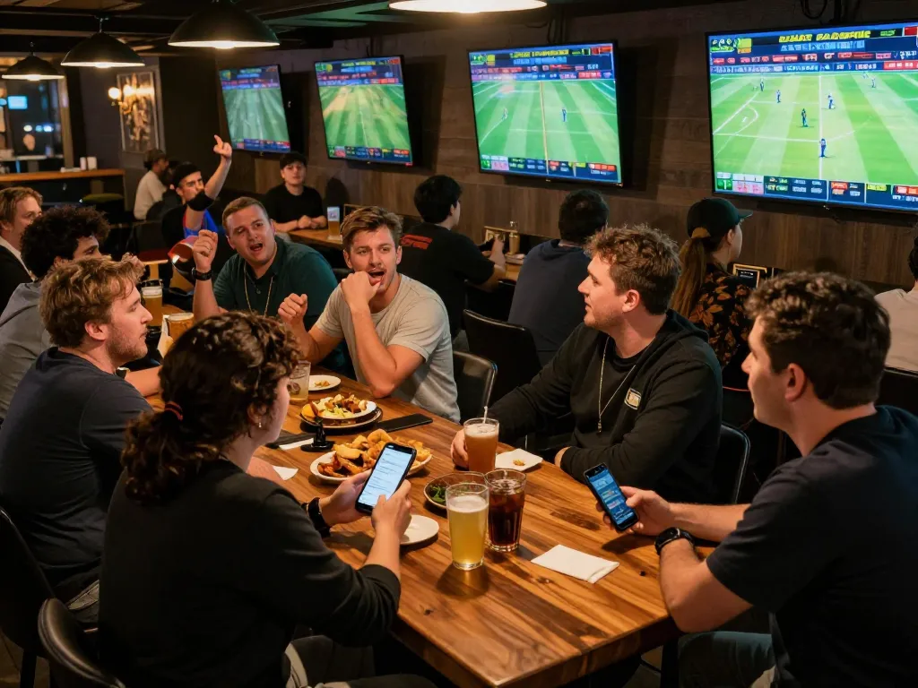 Engaging patrons reviewing kèo nhà cái while enjoying a lively sports betting atmosphere.