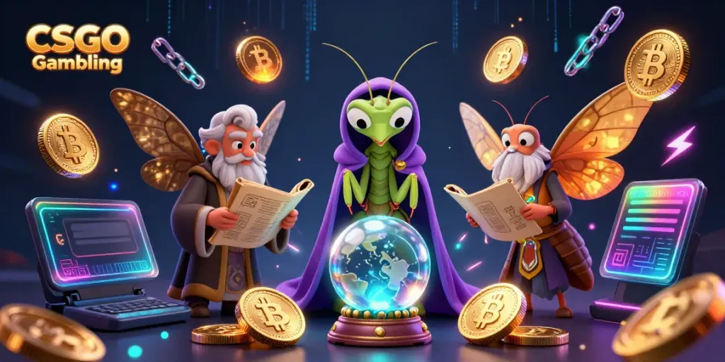 Engage in CSGO Gambling with vibrant characters and cryptocurrency elements in a magical scene.
