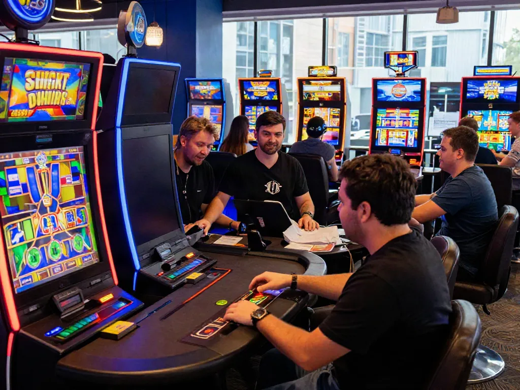 Engaging gaming atmosphere at akunjp online gambling site highlighting passionate players and colorful games.