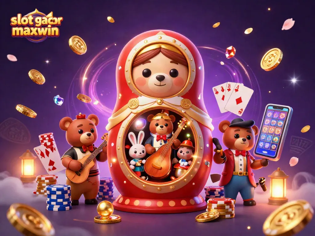 Spin to win with slot gacor maxwin, featuring vibrant casino bears and dazzling game elements.