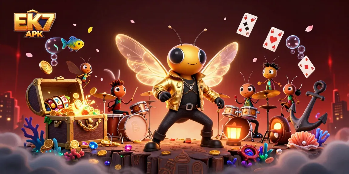 Engage in thrilling gameplay with EK7 APK, featuring a vibrant 3D casino scene alive with characters and treasures.