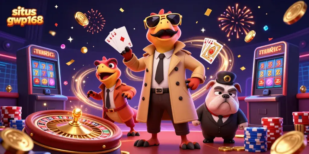 Raptor lucu dan anjing bulldog dalam suasana kasino yang meriah sambil bermain situs gwp168.