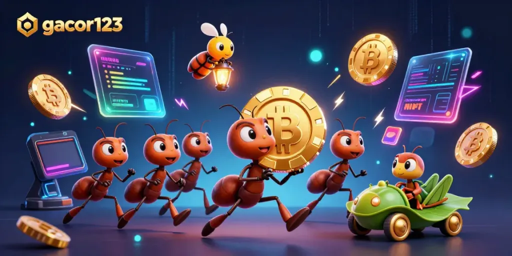 Engage in top-tier gaming with the gacor123 platform featuring vibrant 3D ants and crypto-themed elements.