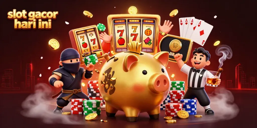Engage with the best slot gacor hari ini featuring a dynamic scene of a golden piggy bank sumo wrestler and opponents in action.