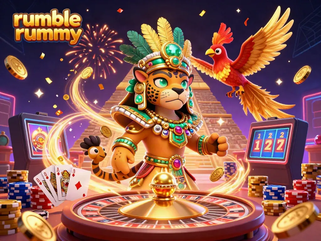 Experience exhilarating moments in rumble rummy with vibrant casino elements and colorful characters.